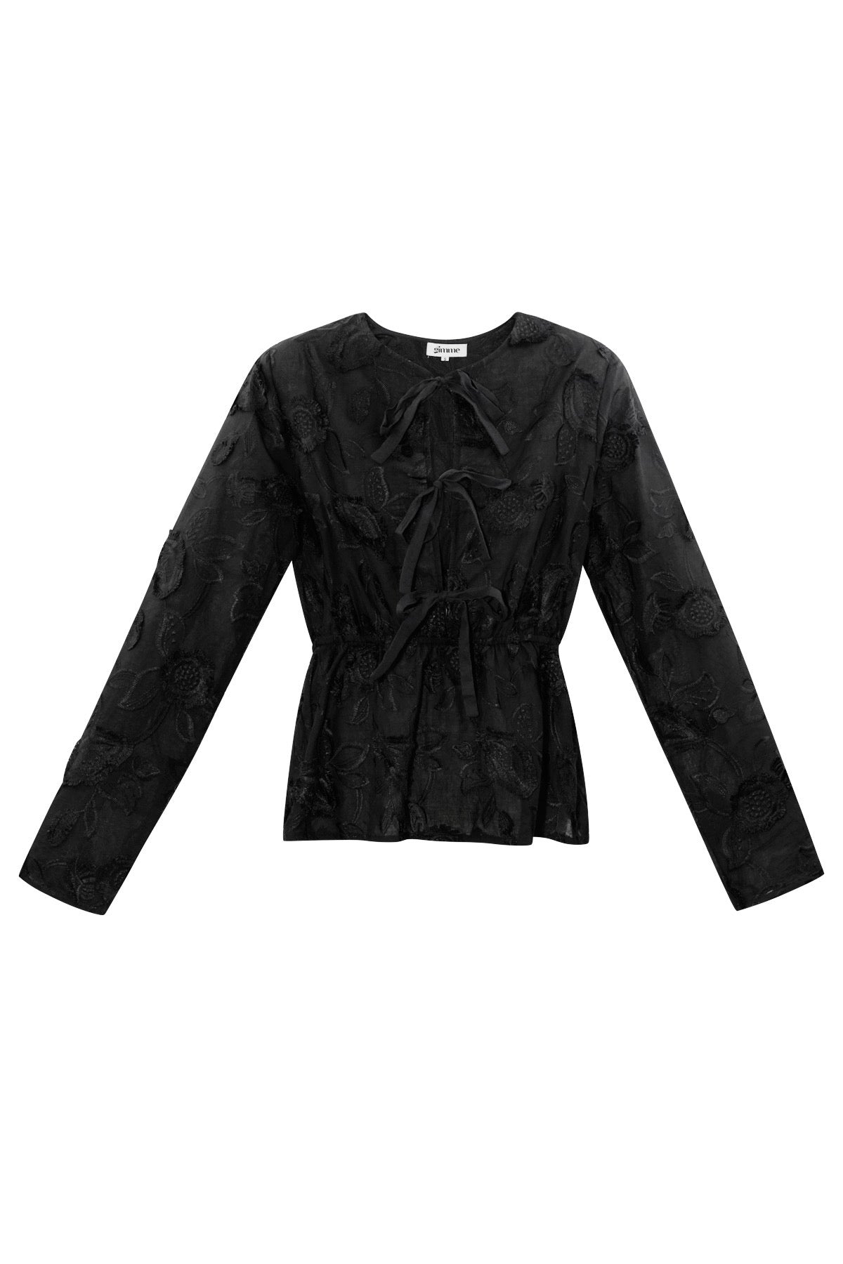 Zwarte blouse met strikdetail en patroon