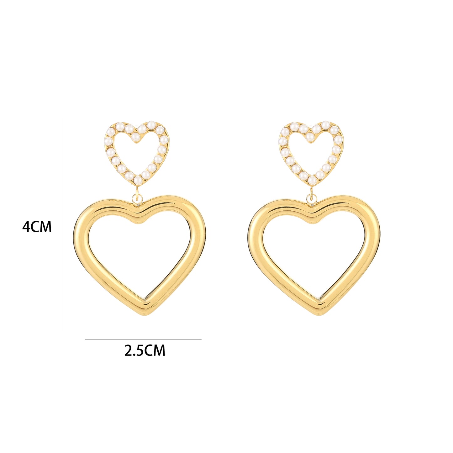 Two Hearts - Gouden oorbellen met dubbele harten en parels