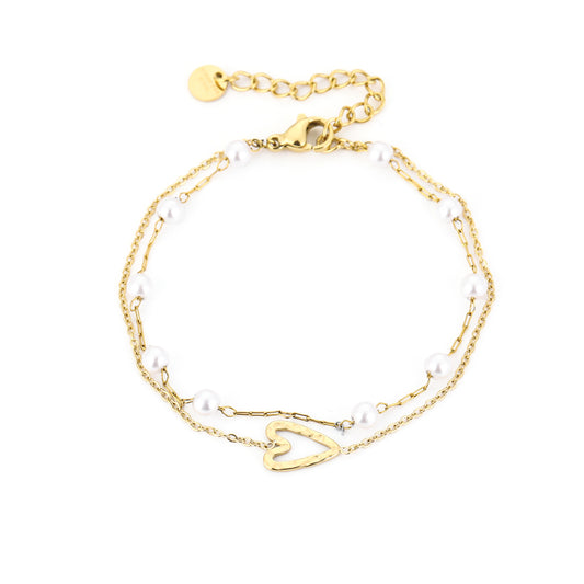 Dubbele armband met hartje en parels